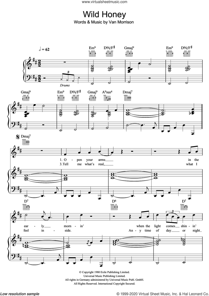 Wild Honey sheet music for voice, piano or guitar by Van Morrison, intermediate skill level