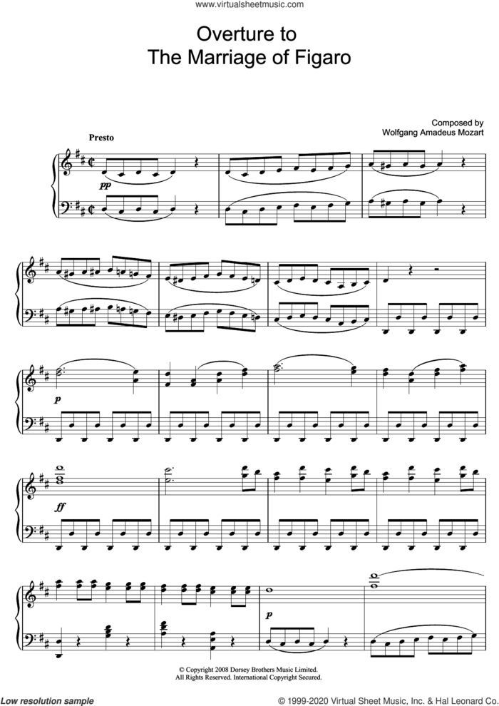 Overture To The Marriage Of Figaro sheet music for piano solo by Wolfgang Amadeus Mozart, classical score, intermediate skill level