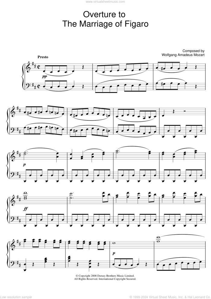 Overture To The Marriage Of Figaro sheet music for piano solo by Wolfgang Amadeus Mozart, classical score, intermediate skill level