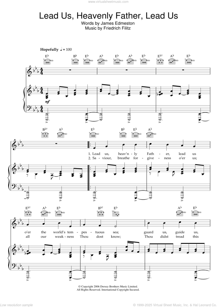 Lead Us Heavenly Father, Lead Us sheet music for voice, piano or guitar by James Edmeston and Friedrich Filitz, intermediate skill level