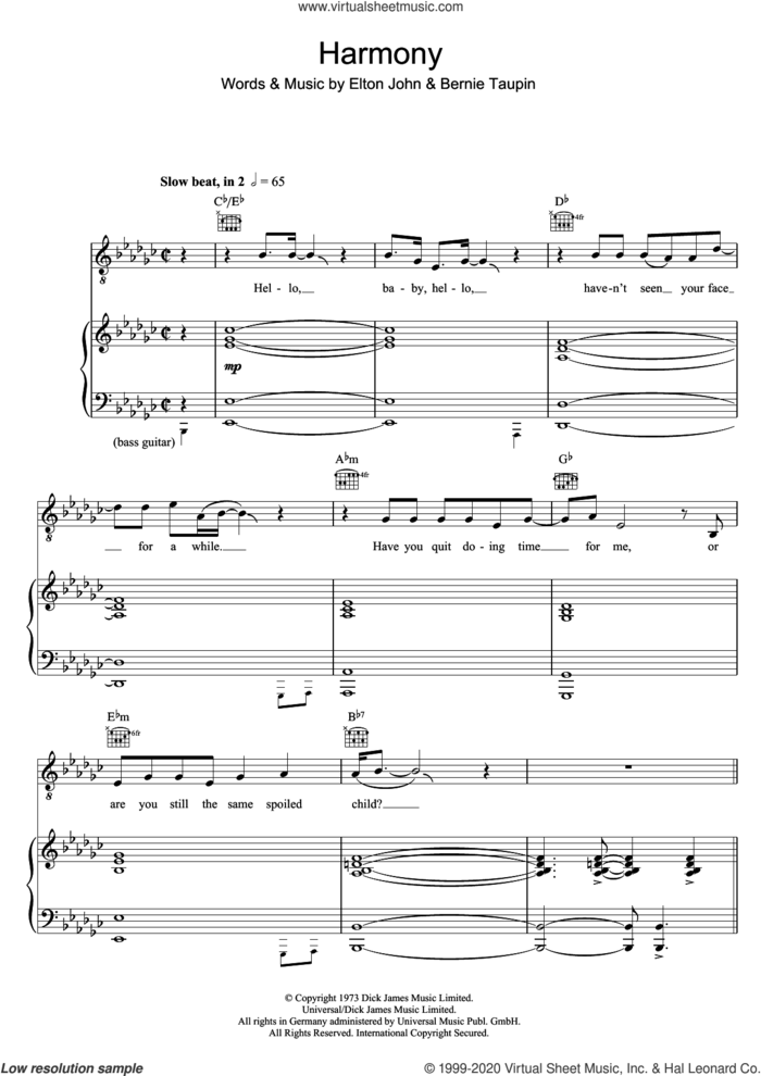 Harmony sheet music for voice, piano or guitar by Elton John and Bernie Taupin, intermediate skill level