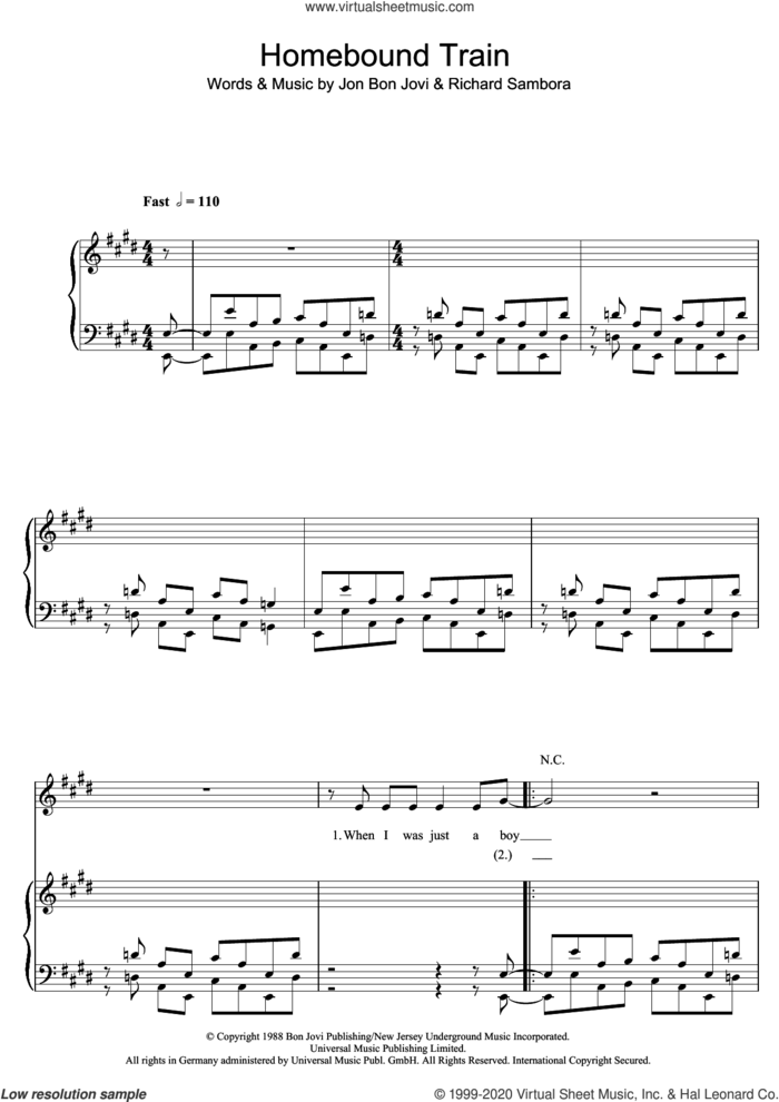 Homebound Train sheet music for voice, piano or guitar by Bon Jovi and Richie Sambora, intermediate skill level