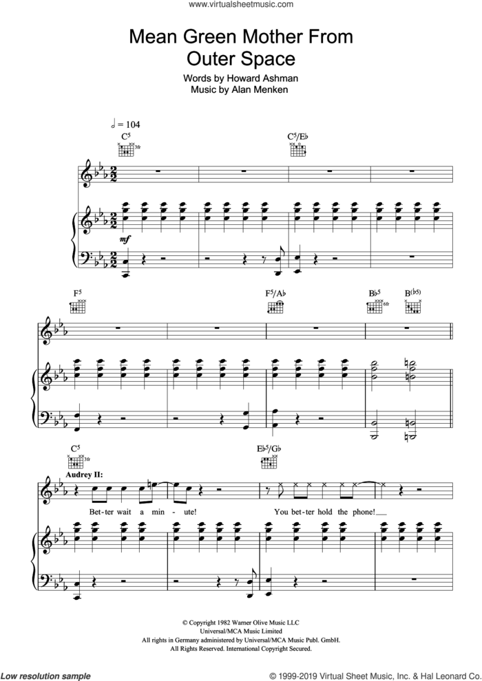 Mean Green Mother From Outer Space (from Little Shop of Horrors) sheet music for voice, piano or guitar by Howard Ashman and Alan Menken, intermediate skill level