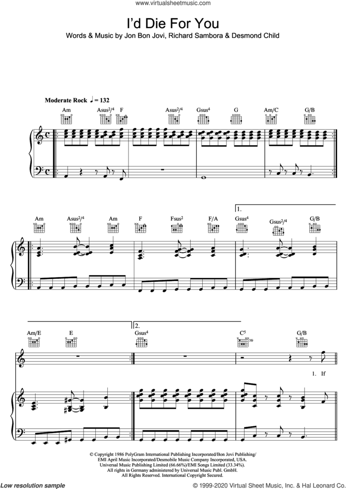 I'd Die For You sheet music for voice, piano or guitar by Bon Jovi, Desmond Child and Richie Sambora, intermediate skill level