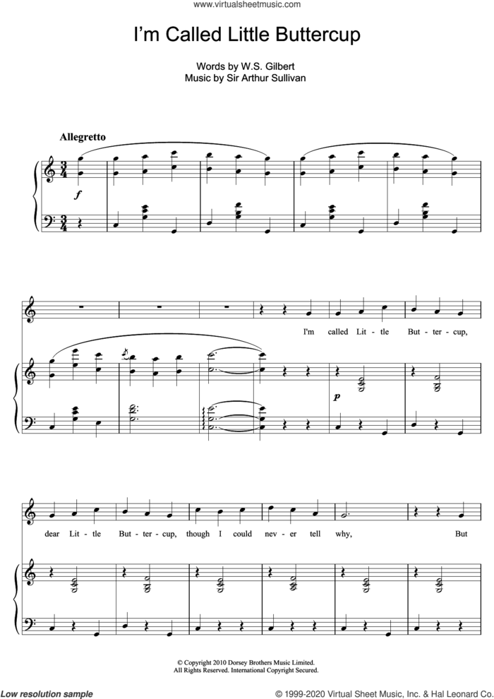 I'm Called Little Buttercup sheet music for voice and piano by Gilbert & Sullivan, Arthur Sullivan and William S. Gilbert, intermediate skill level