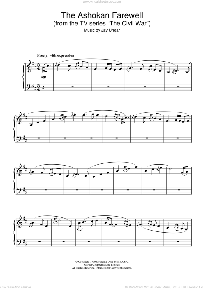 The Ashokan Farewell (from the TV series 'The Civil War') sheet music for piano solo by Jay Ungar, intermediate skill level