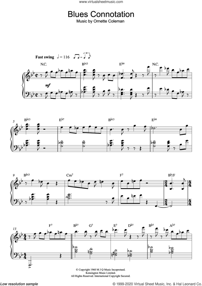 Blues Connotation sheet music for piano solo by Ornette Coleman, intermediate skill level