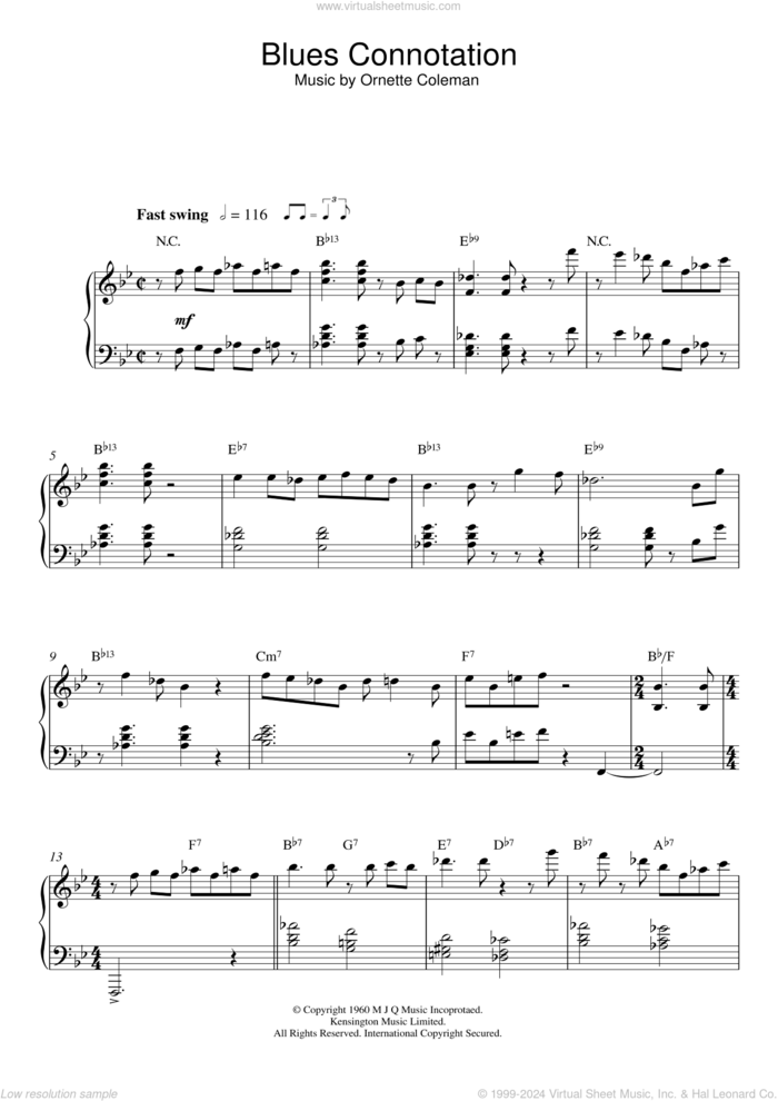 Blues Connotation sheet music for piano solo by Ornette Coleman, intermediate skill level