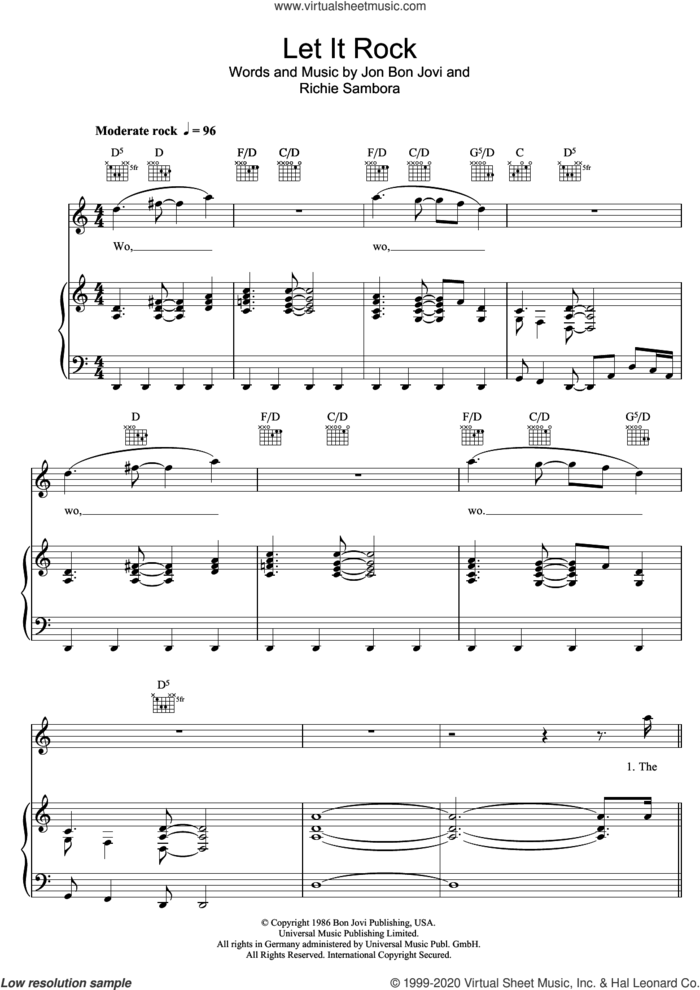 Let It Rock sheet music for voice, piano or guitar by Bon Jovi and Richie Sambora, intermediate skill level