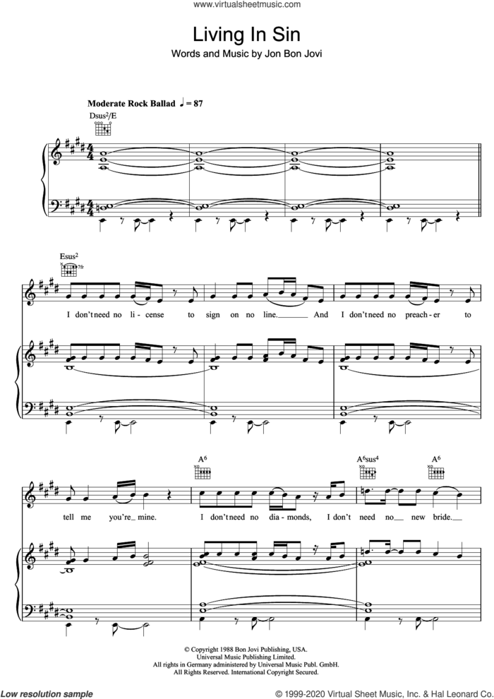 Living In Sin sheet music for voice, piano or guitar by Bon Jovi, intermediate skill level