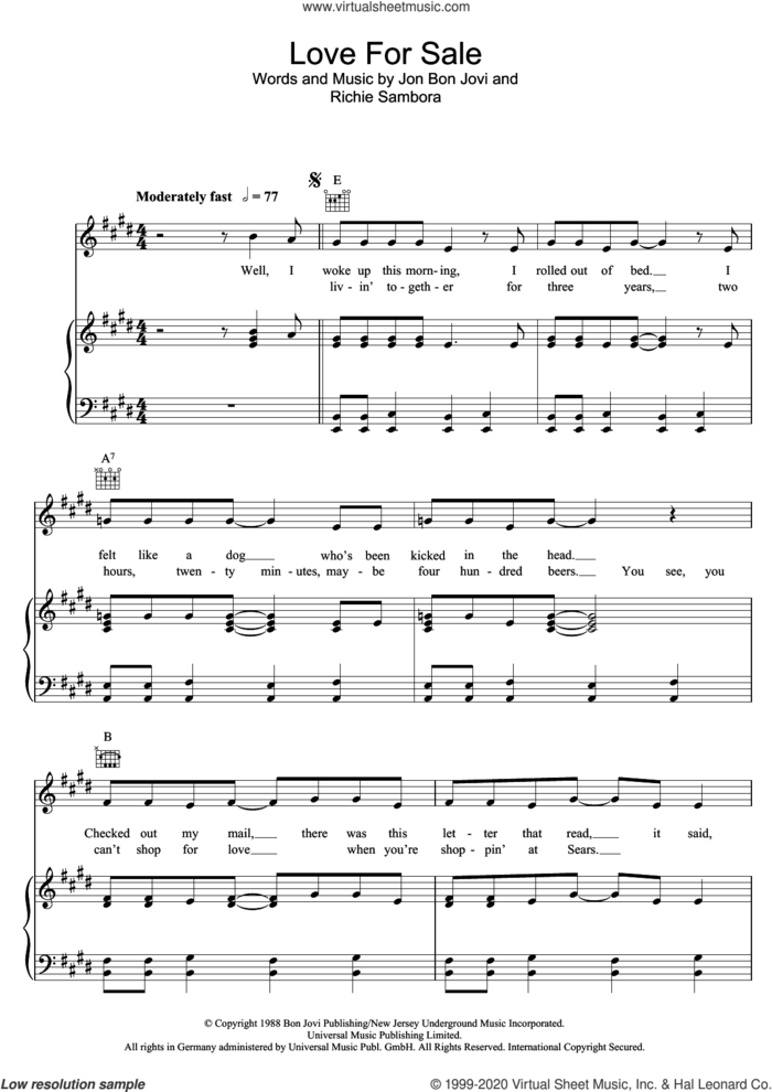 Love For Sale sheet music for voice, piano or guitar by Bon Jovi and Richie Sambora, intermediate skill level