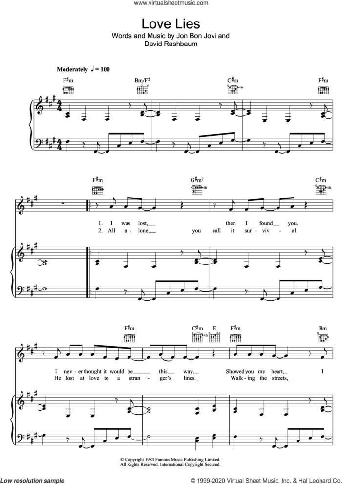 Love Lies sheet music for voice, piano or guitar by Bon Jovi and David Rashbaum, intermediate skill level
