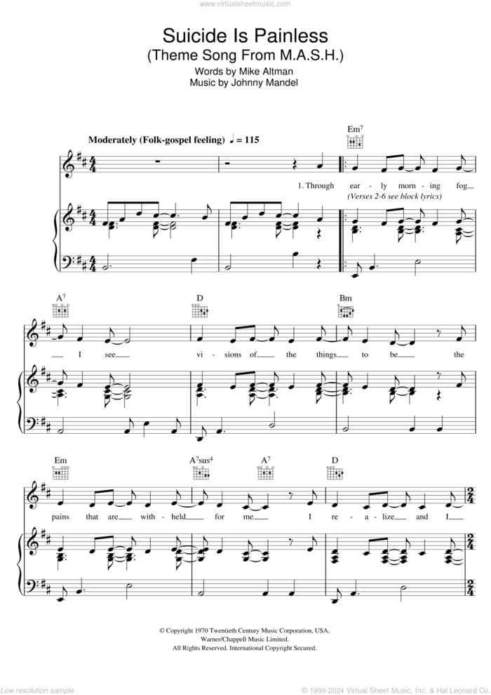 Song From M*A*S*H (Suicide Is Painless) sheet music for voice, piano or guitar by Johnny Mandel and Mike Altman, intermediate skill level