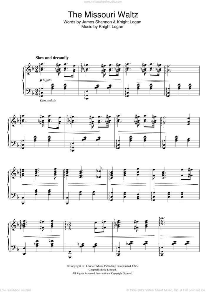 The Missouri Waltz sheet music for piano solo by Glenn Miller, James Shannon and Knight Logan, intermediate skill level