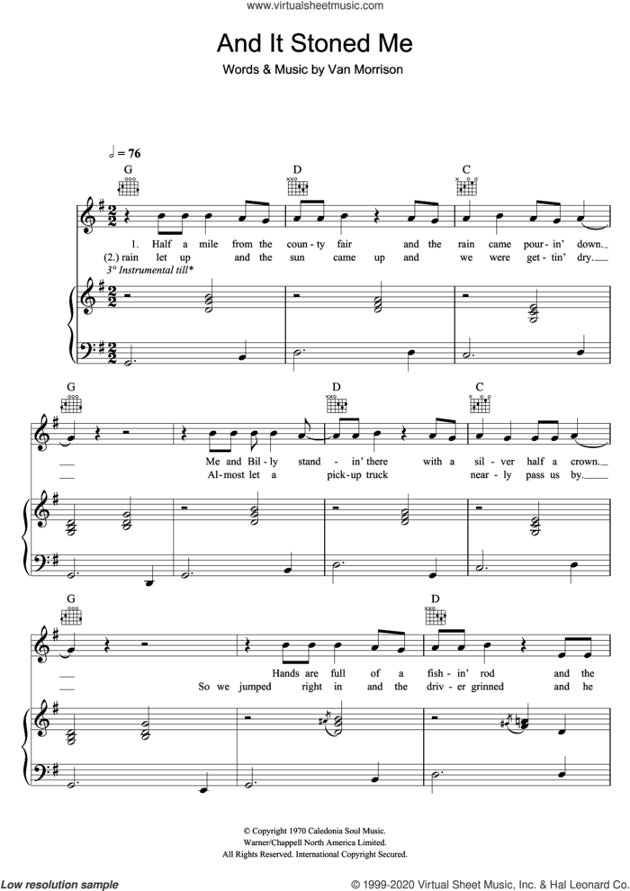 And It Stoned Me sheet music for voice, piano or guitar by Van Morrison, intermediate skill level