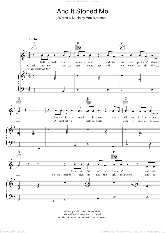 And It Stoned Me sheet music for voice, piano or guitar by Van Morrison, intermediate skill level