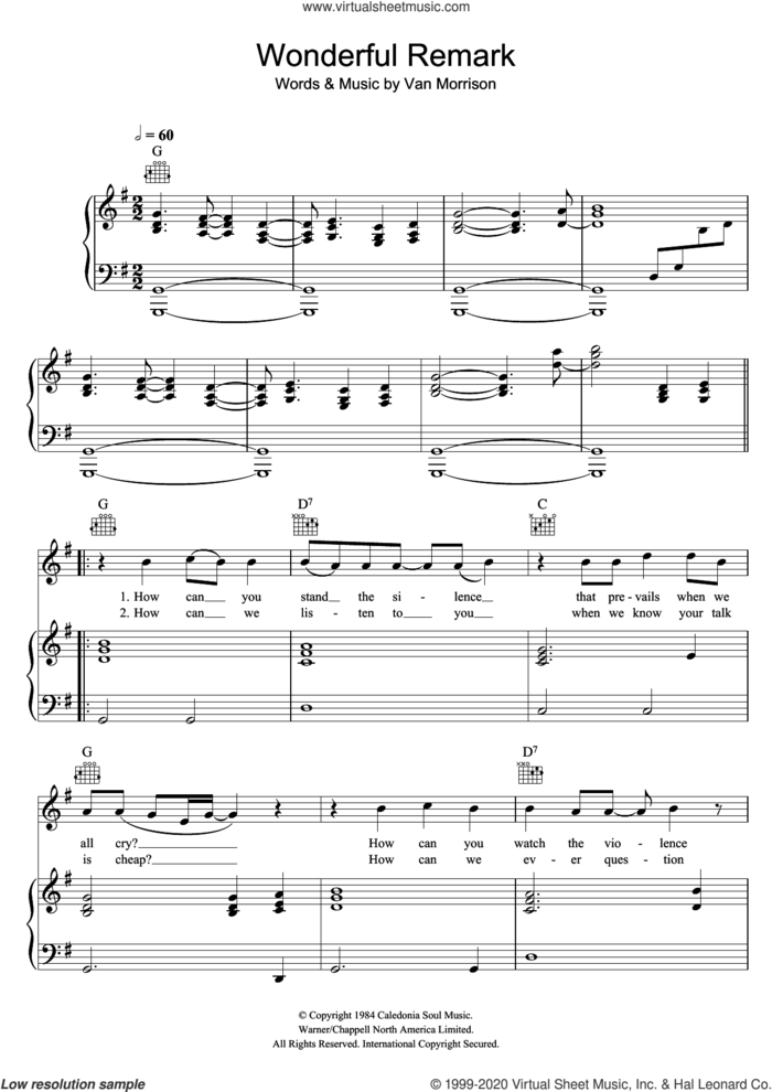 Wonderful Remark sheet music for voice, piano or guitar by Van Morrison, intermediate skill level