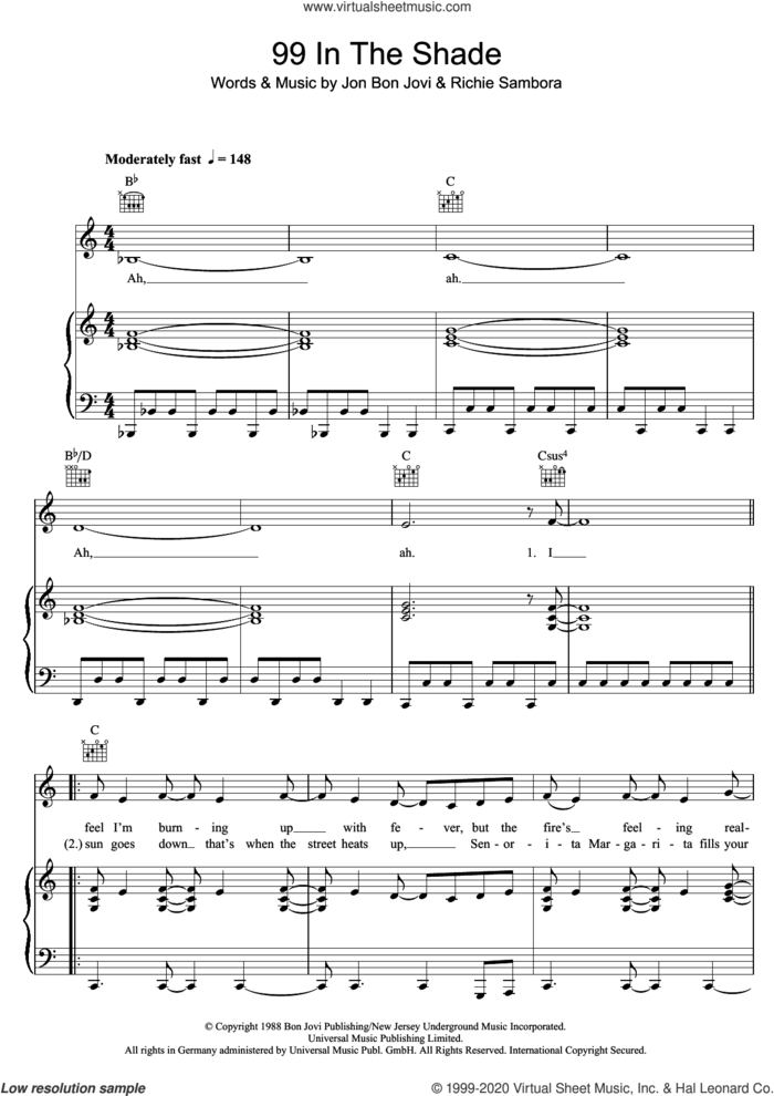 99 In The Shade sheet music for voice, piano or guitar by Bon Jovi and Richie Sambora, intermediate skill level