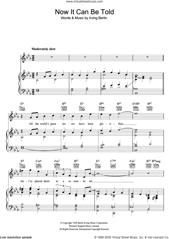 Now It Can Be Told sheet music for voice, piano or guitar by Irving Berlin, intermediate skill level