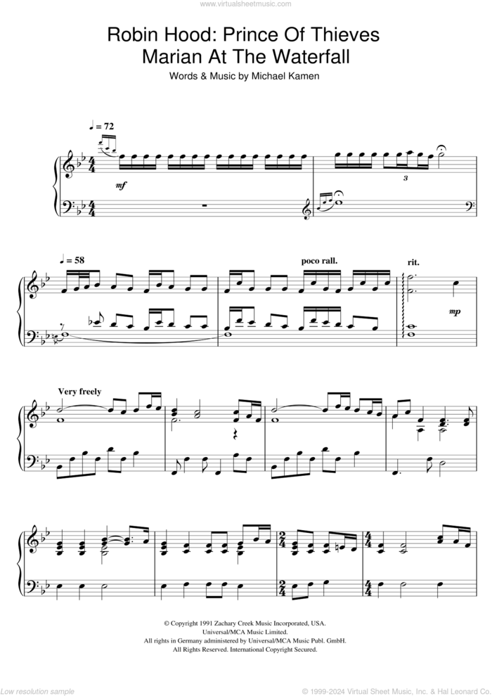 Robin Hood: Prince Of Thieves (Marian At The Waterfall) sheet music for piano solo by Michael Kamen, intermediate skill level