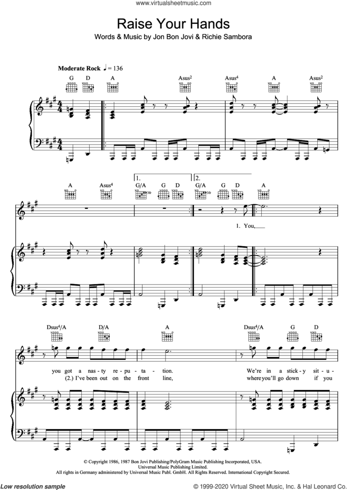 Raise Your Hands sheet music for voice, piano or guitar by Bon Jovi and Richie Sambora, intermediate skill level