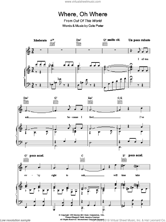 Where, Oh Where? sheet music for voice, piano or guitar by Cole Porter, intermediate skill level
