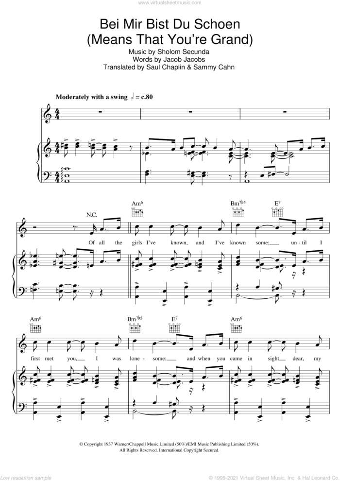 Bei Mir Bist Du Schon (Means That You're Grand) sheet music for voice, piano or guitar by The Andrews Sisters, Jacob Jacobs, Sammy Cahn, Saul Chaplin and Sholom Secunda, intermediate skill level