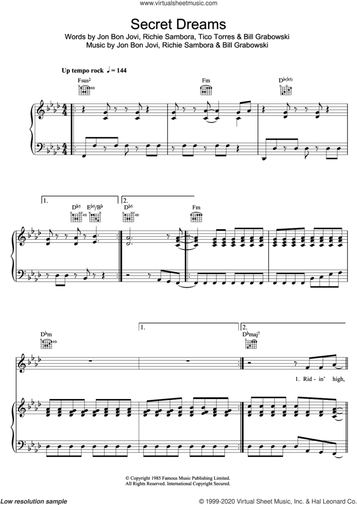 Secret Dreams sheet music for voice, piano or guitar by Bon Jovi, Bill Grabowski, Richie Sambora and Tico Torres, intermediate skill level