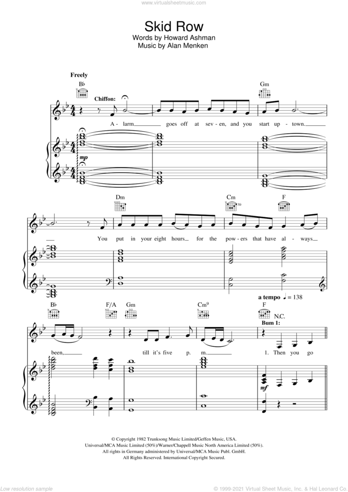 Skid Row (Downtown) (from Little Shop of Horrors) sheet music for voice, piano or guitar by Howard Ashman and Alan Menken, intermediate skill level