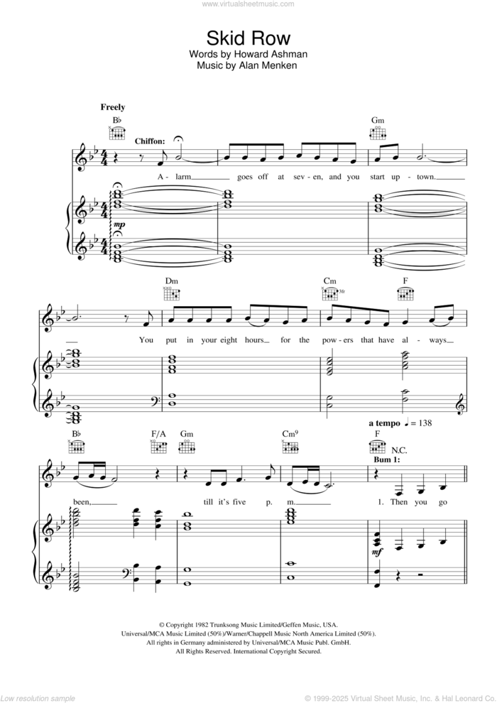 Skid Row (Downtown) (from Little Shop of Horrors) sheet music for voice, piano or guitar by Howard Ashman and Alan Menken, intermediate skill level