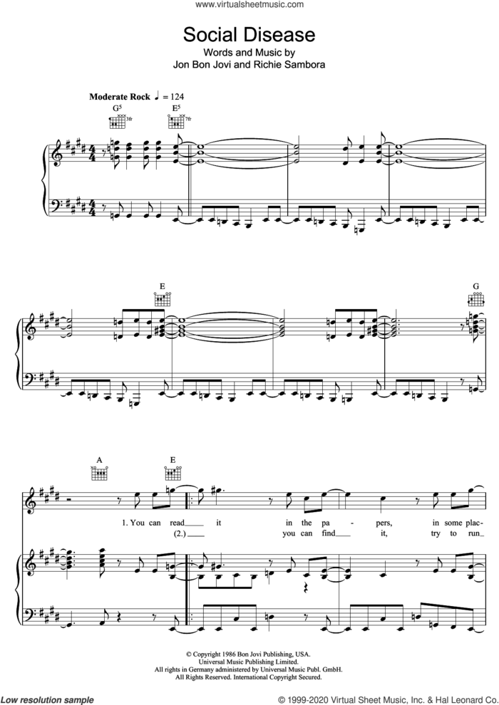 Social Disease sheet music for voice, piano or guitar by Bon Jovi and Richie Sambora, intermediate skill level