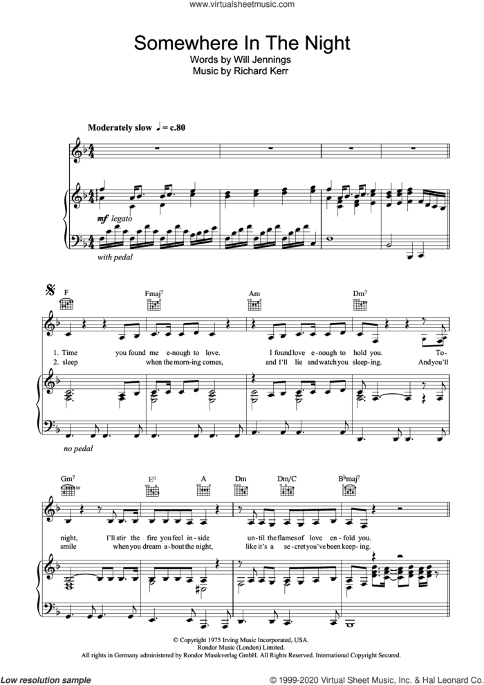 Somewhere In The Night sheet music for voice, piano or guitar by Barry Manilow, Richard Kerr and Will Jennings, intermediate skill level