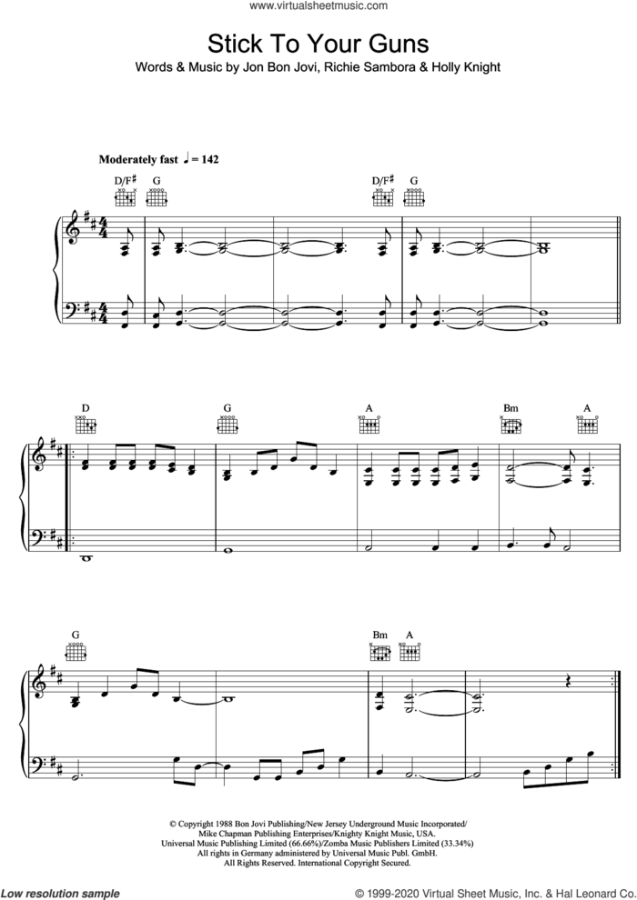 Stick To Your Guns sheet music for voice, piano or guitar by Bon Jovi, Holly Knight and Richie Sambora, intermediate skill level