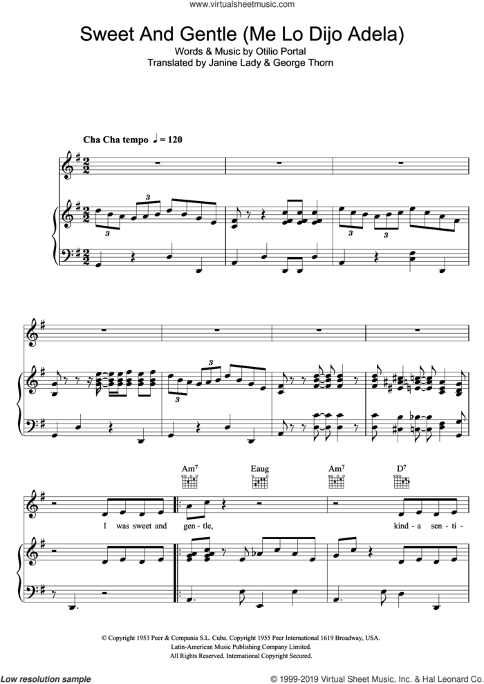 Sweet and Gentle (Me Lo Dijo Adela) sheet music for voice, piano or guitar by Georgia Gibbs, George Thorn, Janine Ledy and Otilio Portal, intermediate skill level