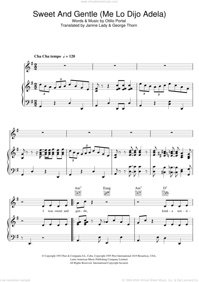 Sweet and Gentle (Me Lo Dijo Adela) sheet music for voice, piano or guitar by Georgia Gibbs, George Thorn, Janine Ledy and Otilio Portal, intermediate skill level