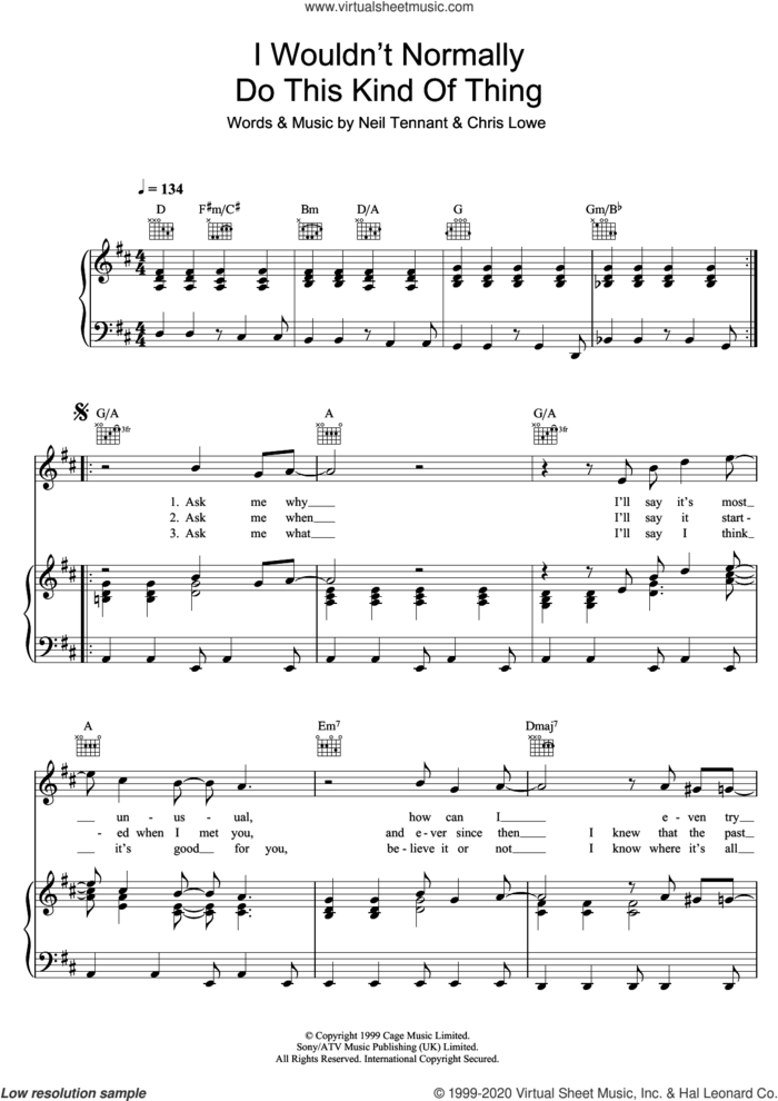 I Wouldn't Normally Do This Kind Of Thing sheet music for voice, piano or guitar by Pet Shop Boys, Robbie Williams, Chris Lowe and Neil Tennant, intermediate skill level
