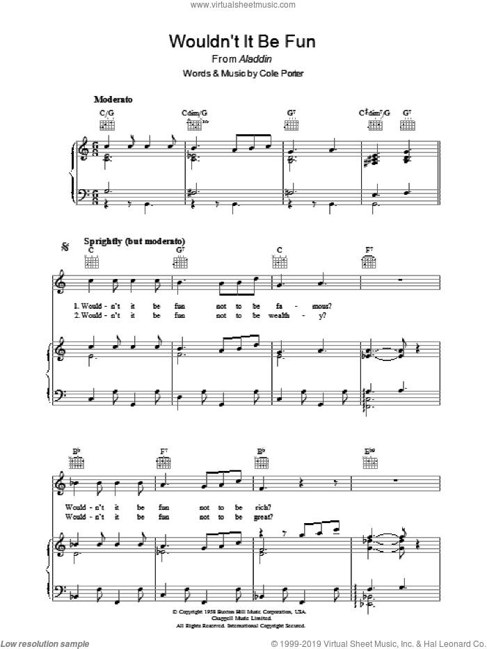Wouldn't It Be Fun? sheet music for voice, piano or guitar by Cole Porter, intermediate skill level