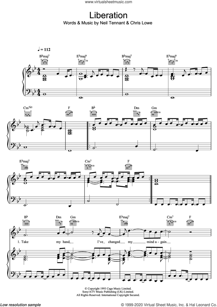 Liberation sheet music for voice, piano or guitar by Pet Shop Boys, Chris Lowe and Neil Tennant, intermediate skill level