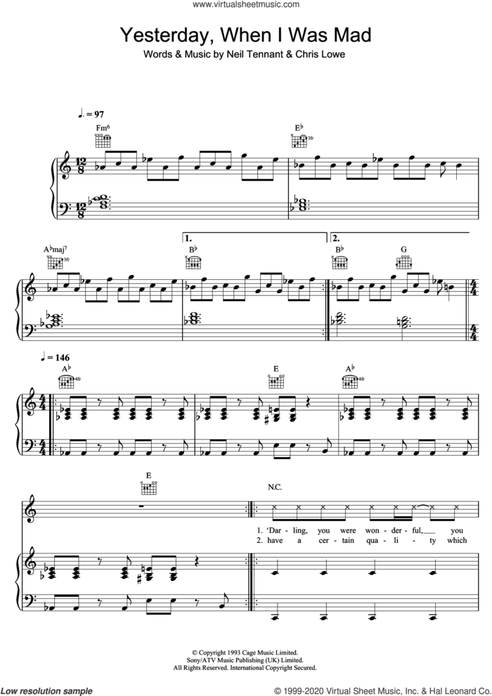 Yesterday, When I Was Mad sheet music for voice, piano or guitar by Pet Shop Boys, Chris Lowe and Neil Tennant, intermediate skill level
