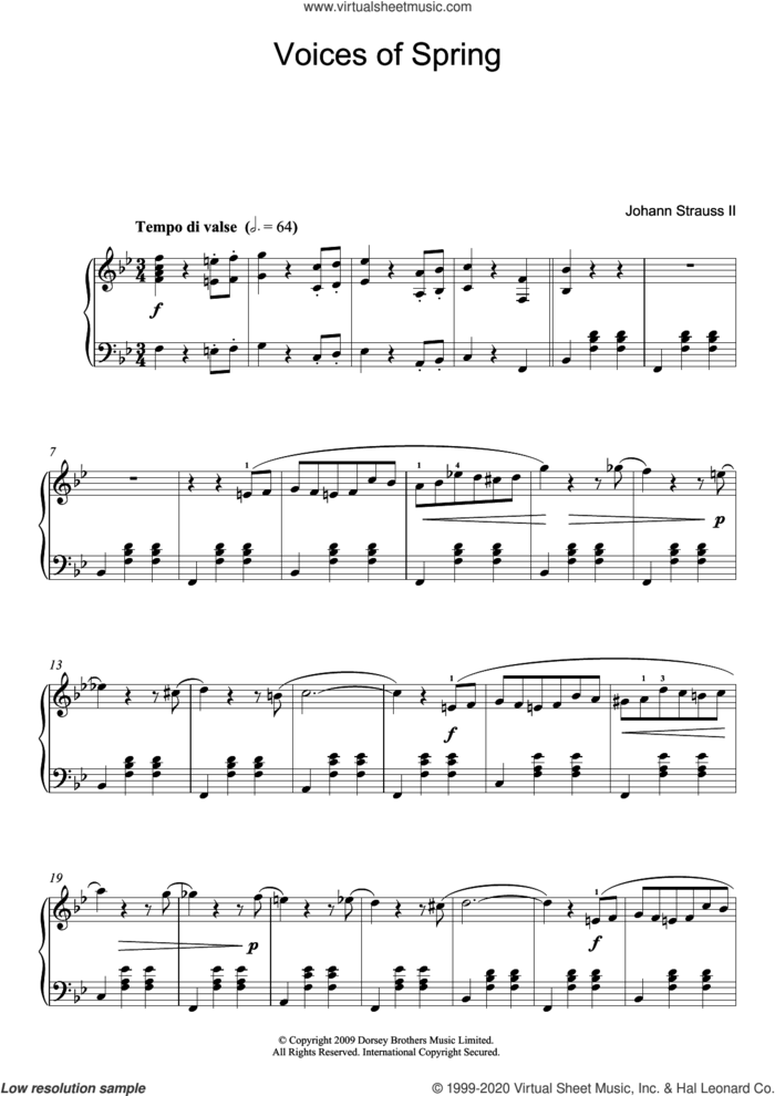 Waltz: Voices Of Spring sheet music for piano solo by Johann Strauss and Johann Strauss, Jr., classical score, intermediate skill level