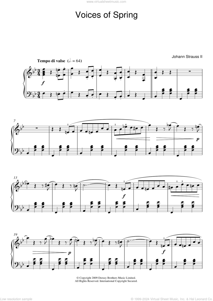 Waltz: Voices Of Spring sheet music for piano solo by Johann Strauss and Johann Strauss, Jr., classical score, intermediate skill level