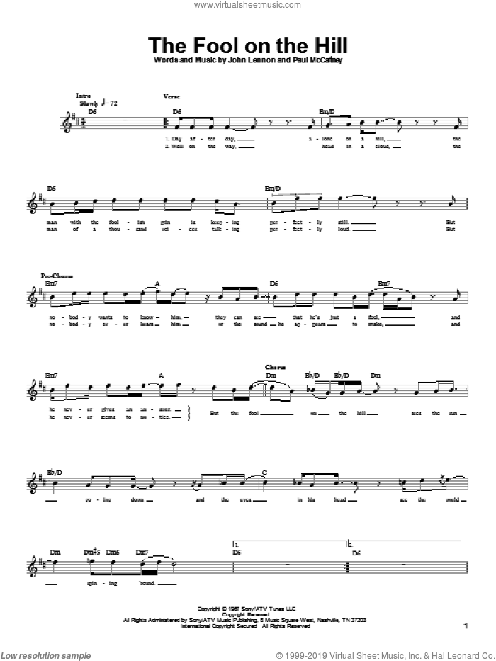 The Fool On The Hill sheet music for bass (tablature) (bass guitar) by The Beatles, John Lennon and Paul McCartney, intermediate skill level
