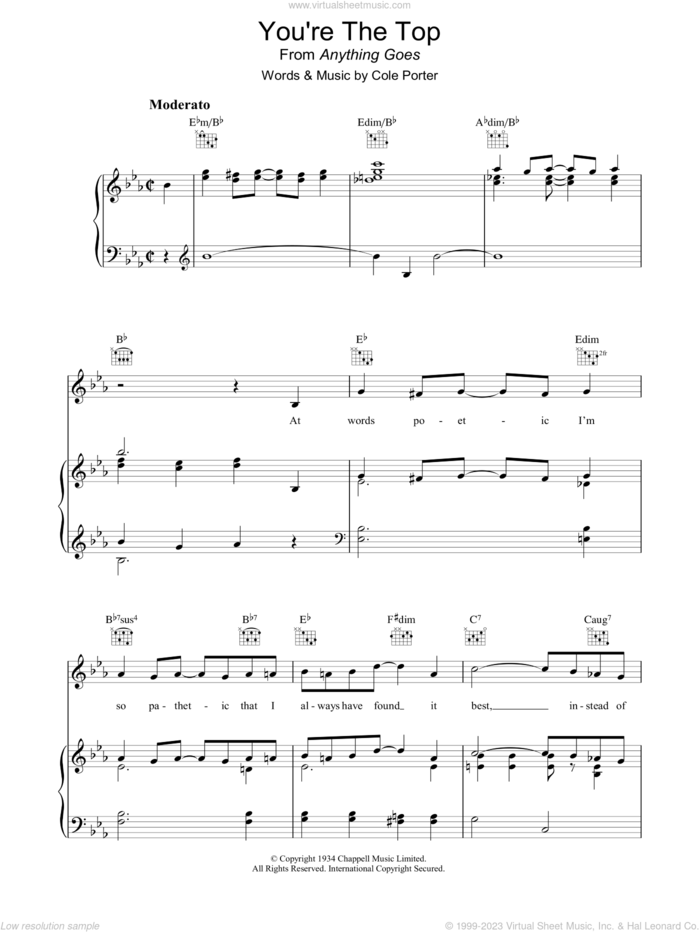You're The Top sheet music for voice, piano or guitar by Cole Porter, intermediate skill level