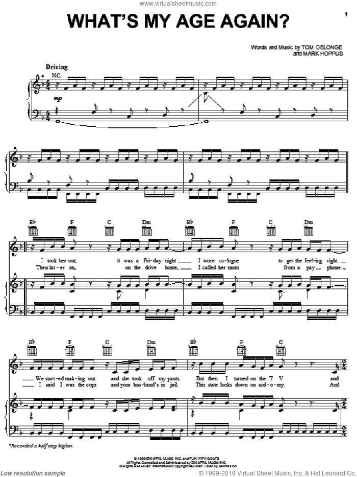 What's My Age Again? sheet music for voice, piano or guitar by Blink-182, Mark Hoppus and Tom DeLonge, intermediate skill level