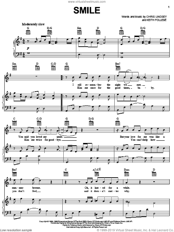 Smile sheet music for voice, piano or guitar by Lonestar, Chris Lindsey and Keith Follese, intermediate skill level