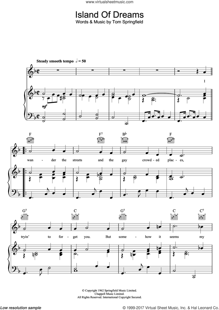 Island Of Dreams sheet music for voice, piano or guitar by The Springfields and Tom Springfield, intermediate skill level