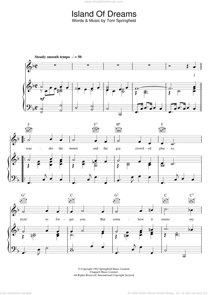 Island Of Dreams sheet music for voice, piano or guitar by The Springfields and Tom Springfield, intermediate skill level