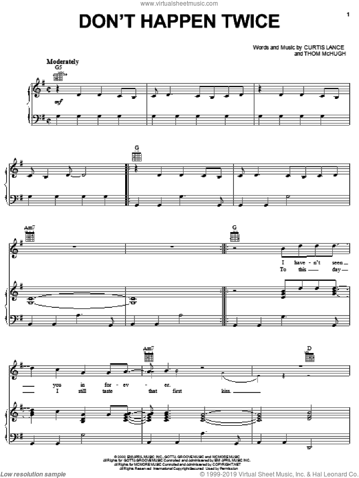 Don't Happen Twice sheet music for voice, piano or guitar by Kenny Chesney, Curtis Lance and Thom McHugh, intermediate skill level