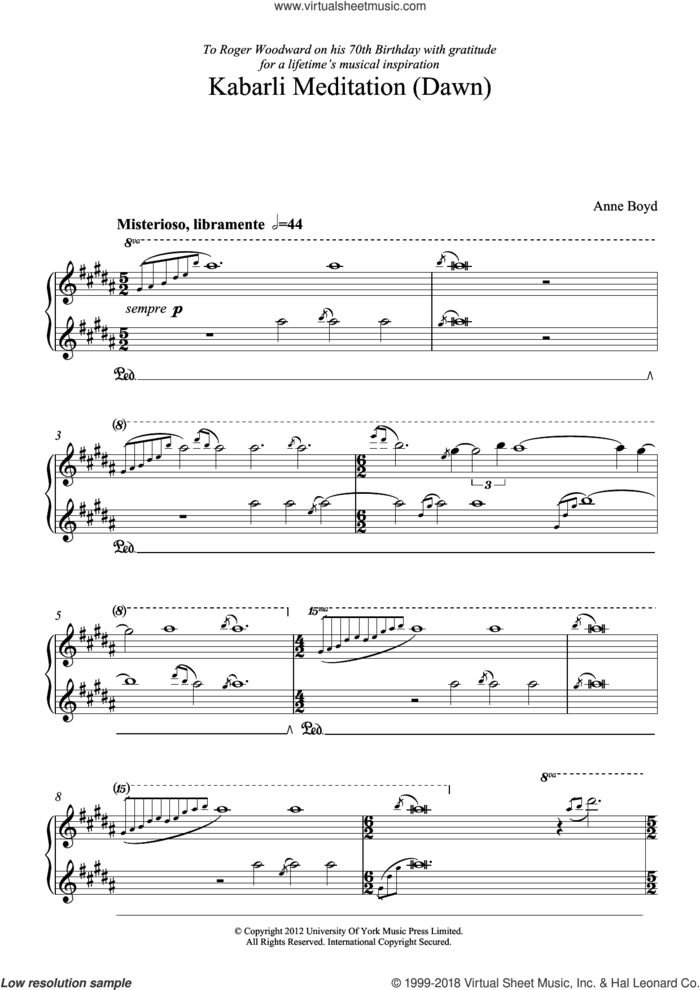 Kabarli Meditation (Dawn) sheet music for piano solo by Anne Boyd, classical score, intermediate skill level