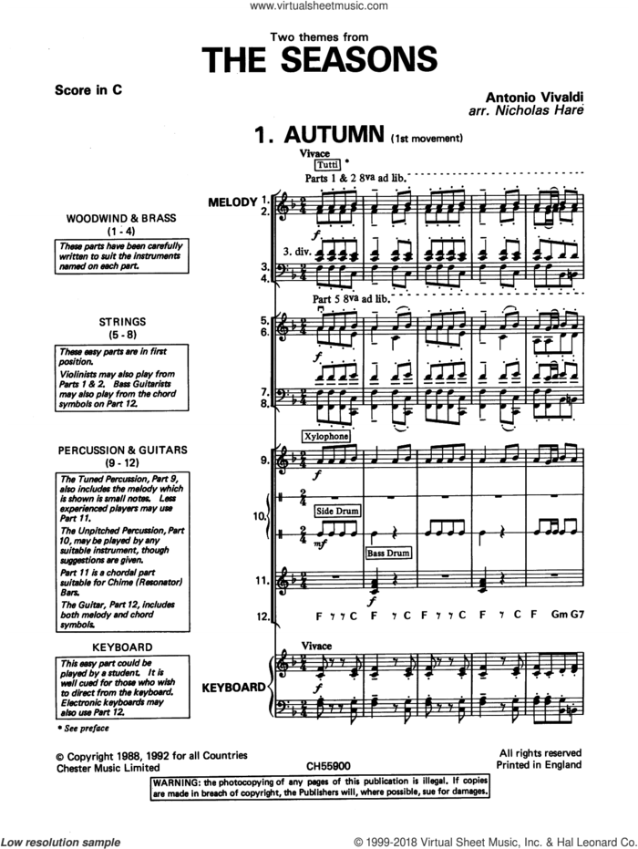 Autumn and Winter (from The Four Seasons) sheet music for band (classroom band pack) by Antonio Vivaldi, classical score, intermediate skill level